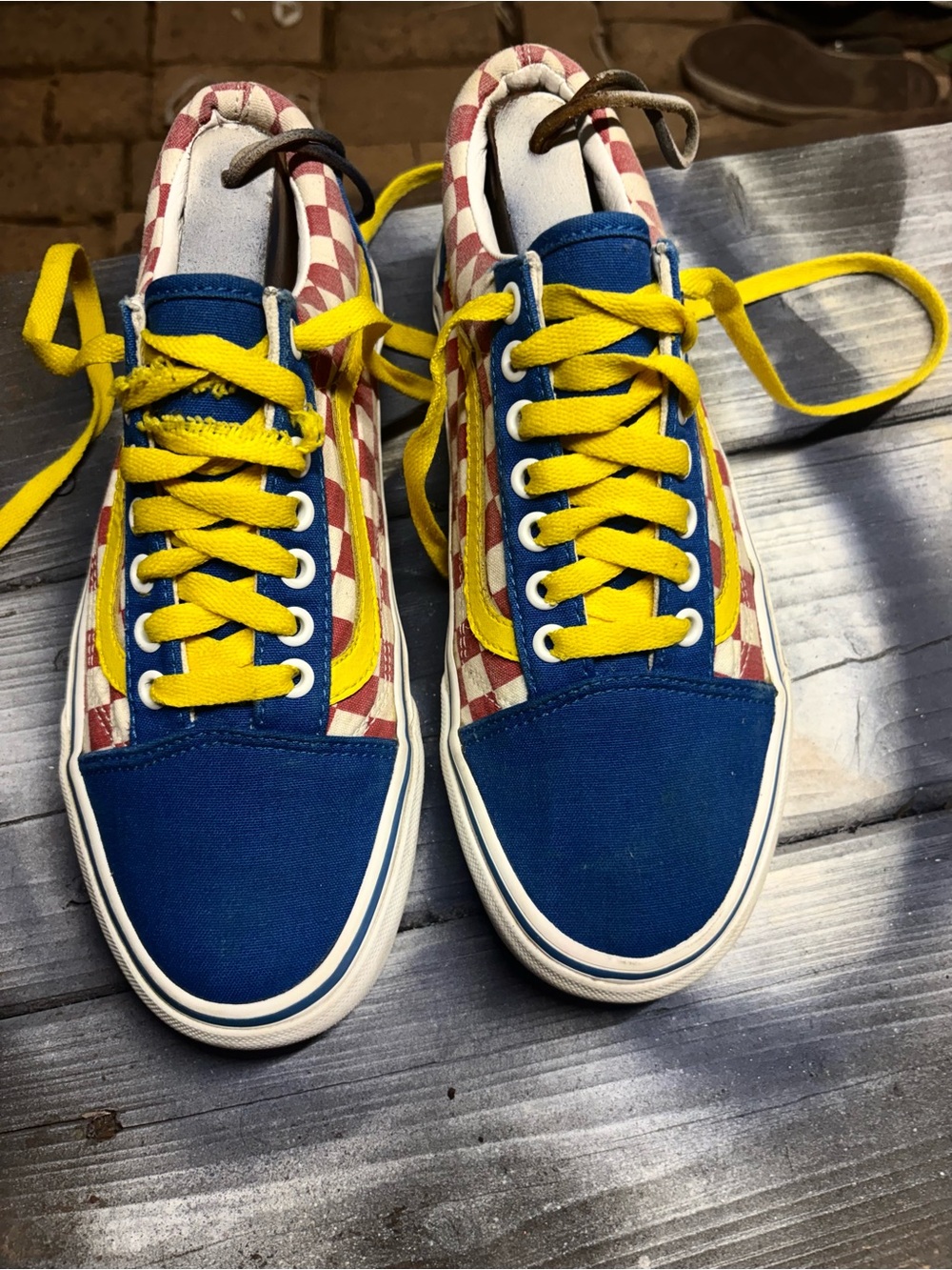 Vans Old Skool red and white checkered sneakers with blue toe womens 8.5